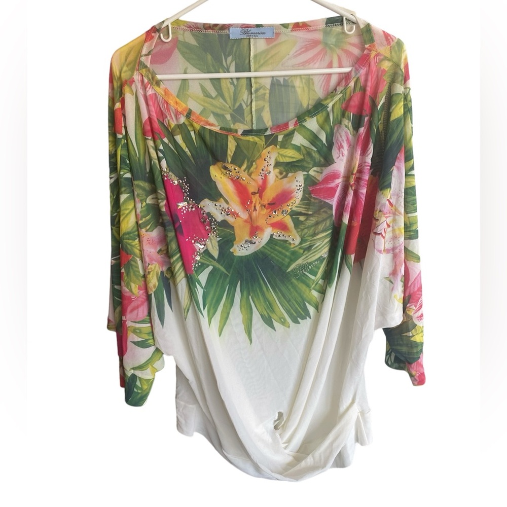 Blumarine Sheer Dolman Sleeve Hibiscus Tropical Jeweled Front Twist Blouse, I50